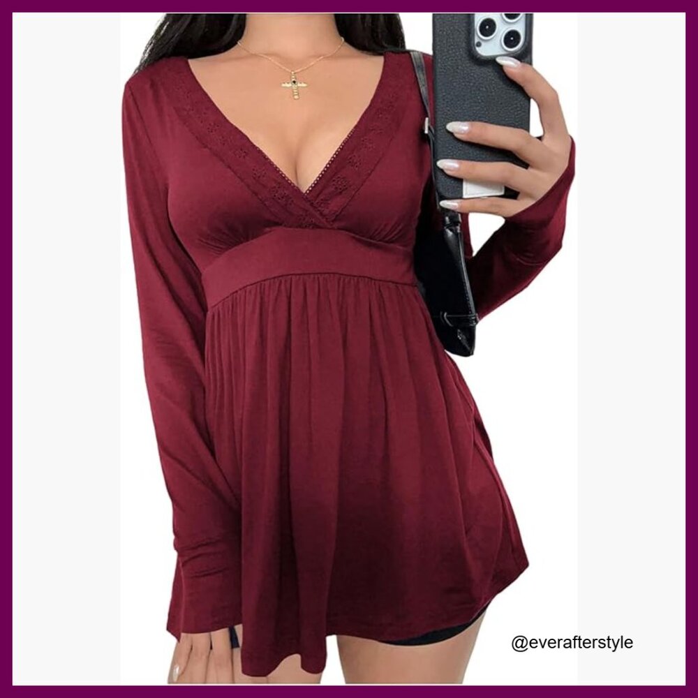 Polyester Elastane Peplum V Neck Long Sleeve Baby… - image 1